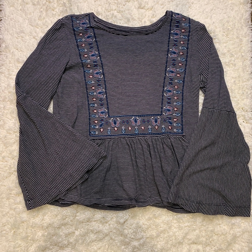 Long, Bell Sleeved, Striped and Embroidered Top